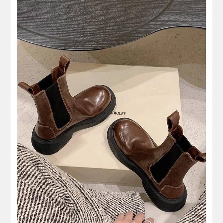 Washed cowhide grape mother same elastic band platform short boots thick heel medium boots Chelsea boots women's Martin boots
