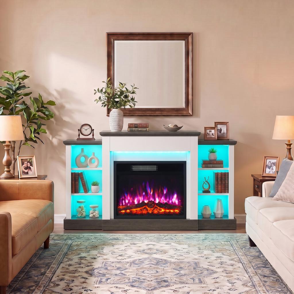 Electric Fireplace TV Stand 138cm, LED Strips, Adjustable Flame Effect, 6 Shelves, Entertainment Center Console Table