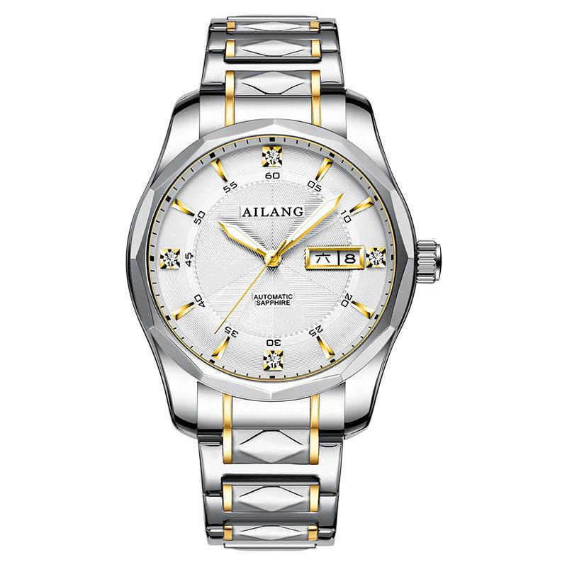 AILANG Montre mécanique entièrement automatique pour hommes Montre pour hommes Mode Double Calendrier Pierre Acier Montre étanche