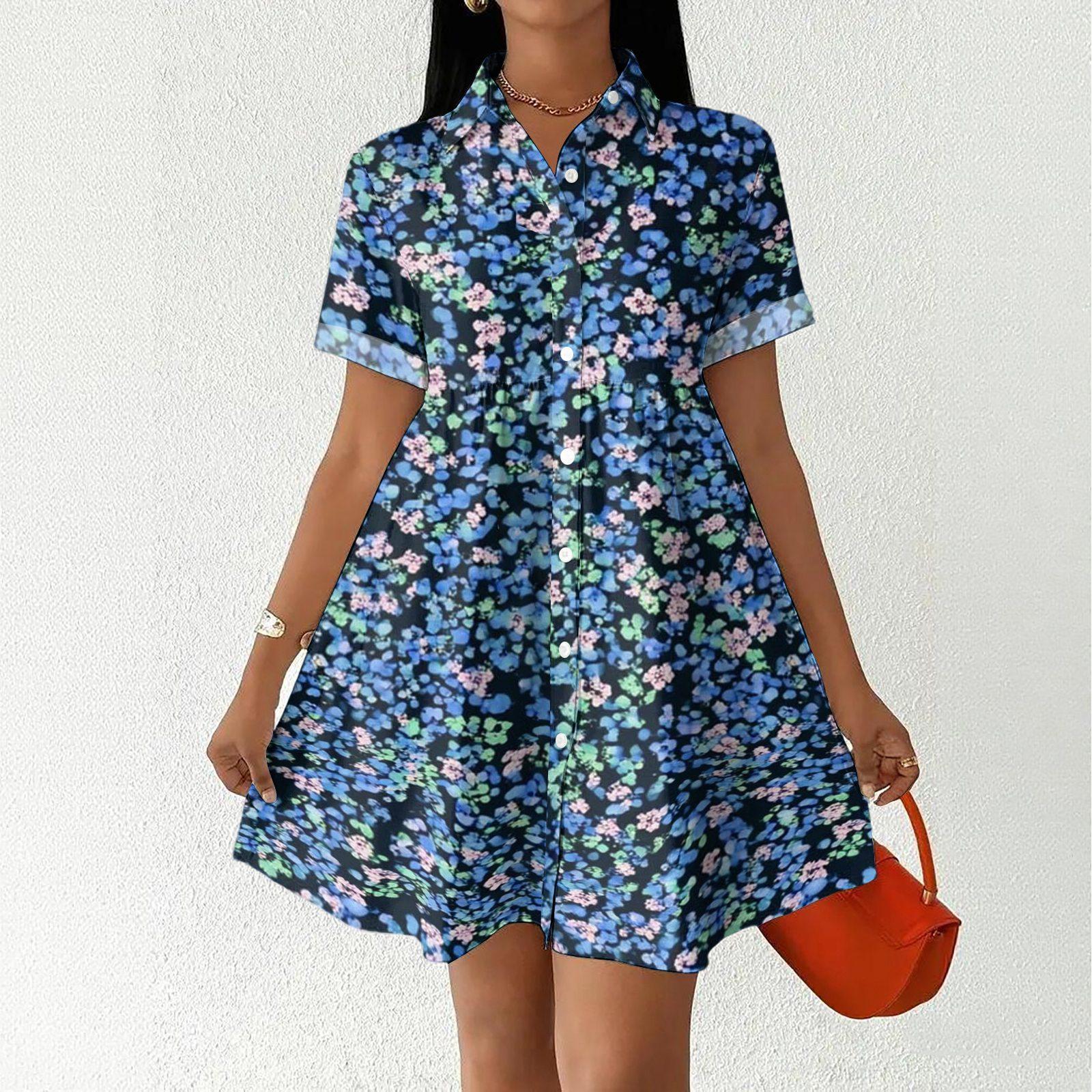 Women s Casual Loose Fit Shirt Dress Button Front Short Sleeve Collared Dress A-Line Hem Summer Dress M
