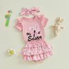 Baby Girl Easter Outfits Letter Embroidery Crew Neck Short Sleeve Romper Ruffles Shorts Headband 3Pcs Clothes Set