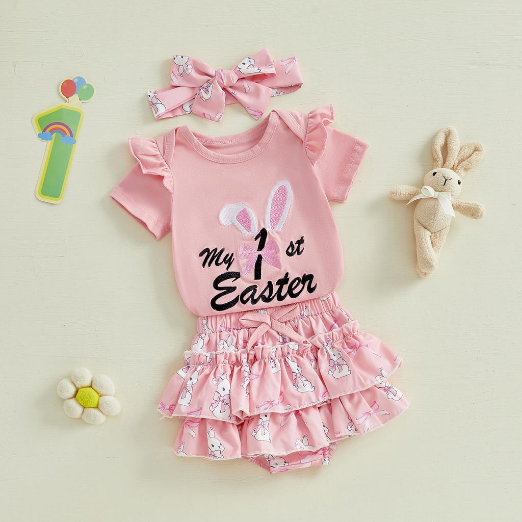 Baby Girl Easter Outfits Letter Embroidery Crew Neck Short Sleeve Romper Ruffles Shorts Headband 3Pcs Clothes Set