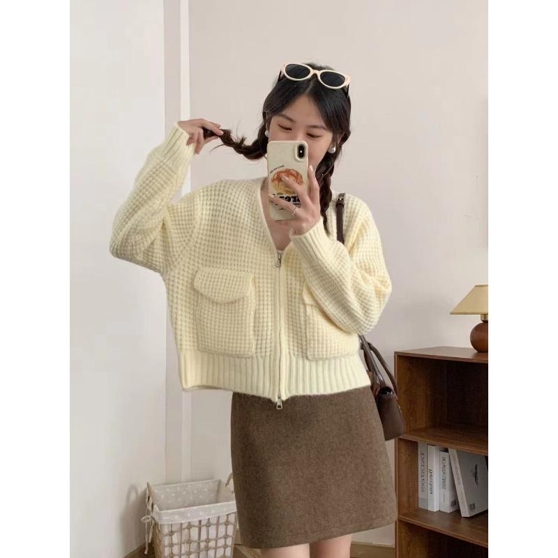 

Short waffle double zipper knitted cardigan women s autumn and winter new loose versatile sweater jacket tide One size