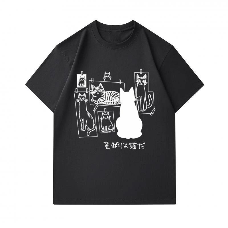 Men's 100% Cotton Crew Neck Short Sleeve T-Shirt, Cute Cat Art Pattern Casual Summer Tee, Comfortable Lightweight Daily Basic Tops for Cat Lovers