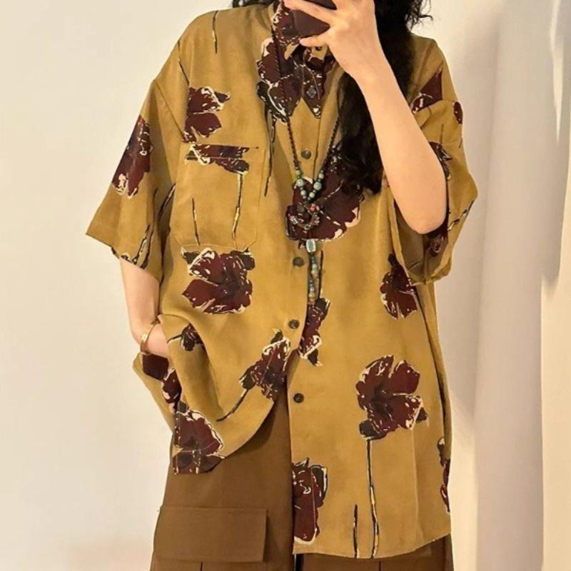 Women's Printed Short Sleeved Shirt Chinese Style Loose Retro Female's Shirts Single Breasted Woman Clothing with Pocket