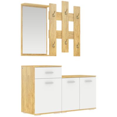 Entryway Set 3 In 1 with Wall Coat Rack, Mirror and Shoe Cabinet with Bench In Wood