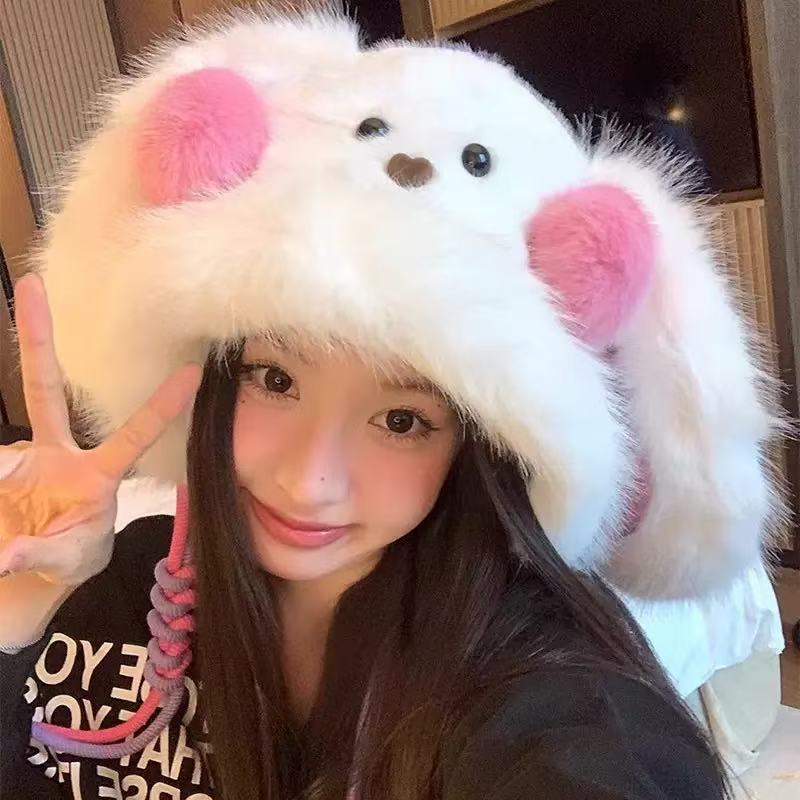 

1 шт. Зимняя теплая флисовая шапка-бини с медведем, Мягкая плюшевая шапка-бини с ушками, Уютный флис, Теплая зимняя шапка для детей, подростков, взрослых One Size белый