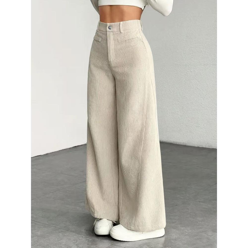 Women's Mid Waist Corduroy Wide Leg Pants Casual Straight Leg Trousers