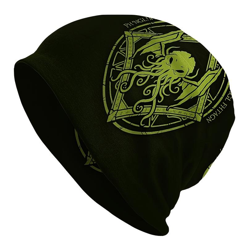 A Men'S Street Style Fantasy-Themed Knitted Hat - Featuring a Mysterious Yellow-Green Cthulhu Totem Pattern, Made from Durable Knitted Fabric, Comfort