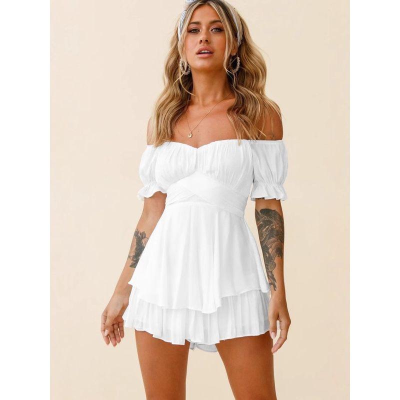 

Solid Color One Neck Short Sleeve Dress Solid off-Neck Collar Short sleeve Dress White S