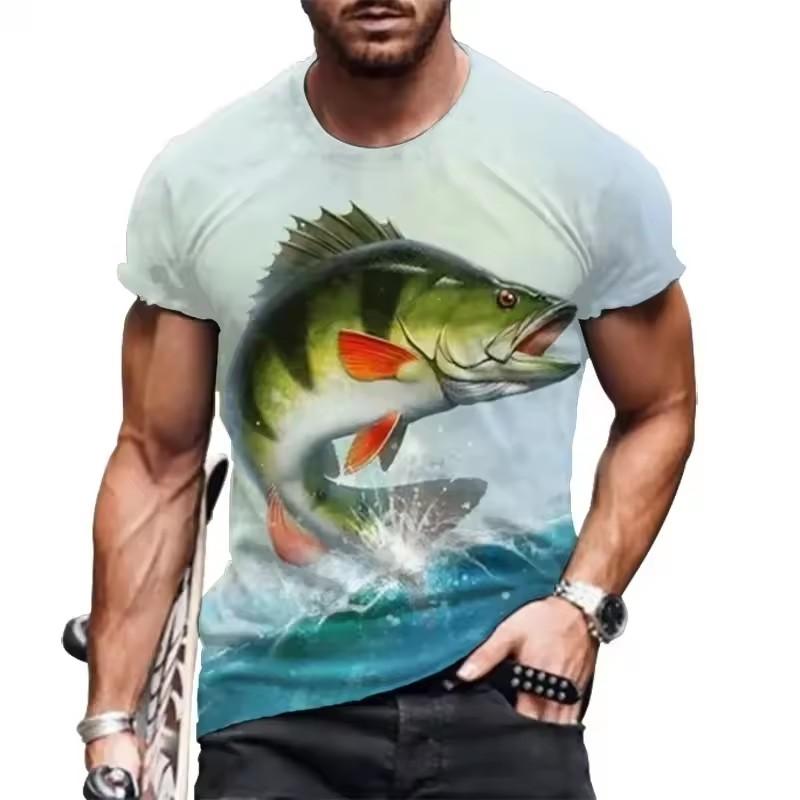 

3D Printed Fish T-shirt Casual Loose Short Sleeved Top Round Neck Loose Men s Short Sleeved T-shirt S
