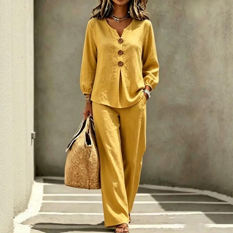 Womens Casual V-Neck Button-Up Lantern Sleeve Top Wide-Leg Pants 2-Piece Set Cotton Linen Blend