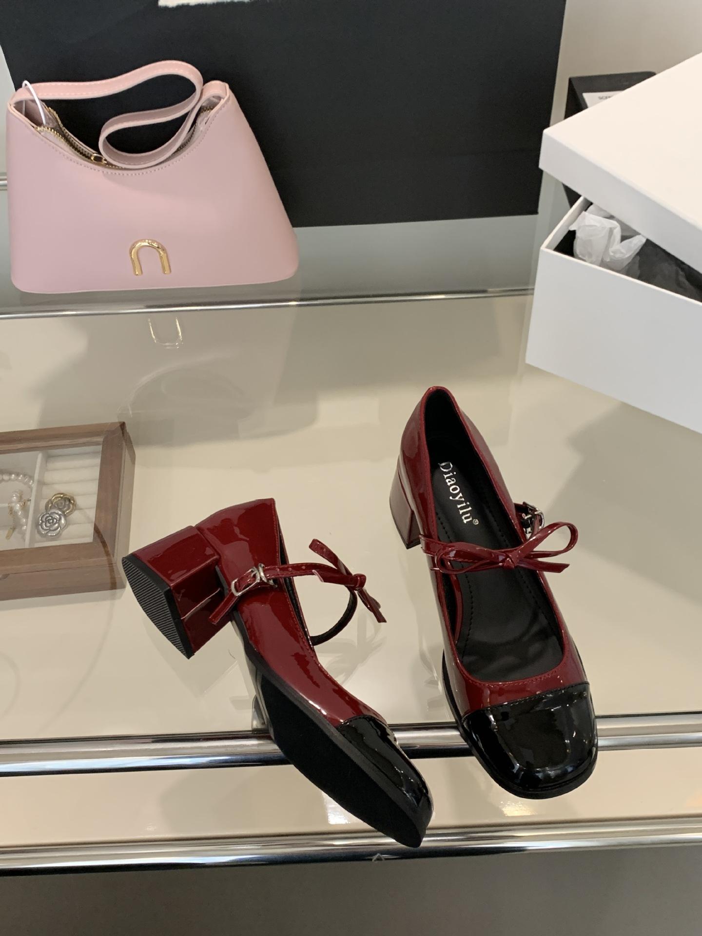 

Thick heel Mary Jane shoes 2025 new patent leather bow burgundy women s single shoes one-word buckle high heels black 39 бордовый