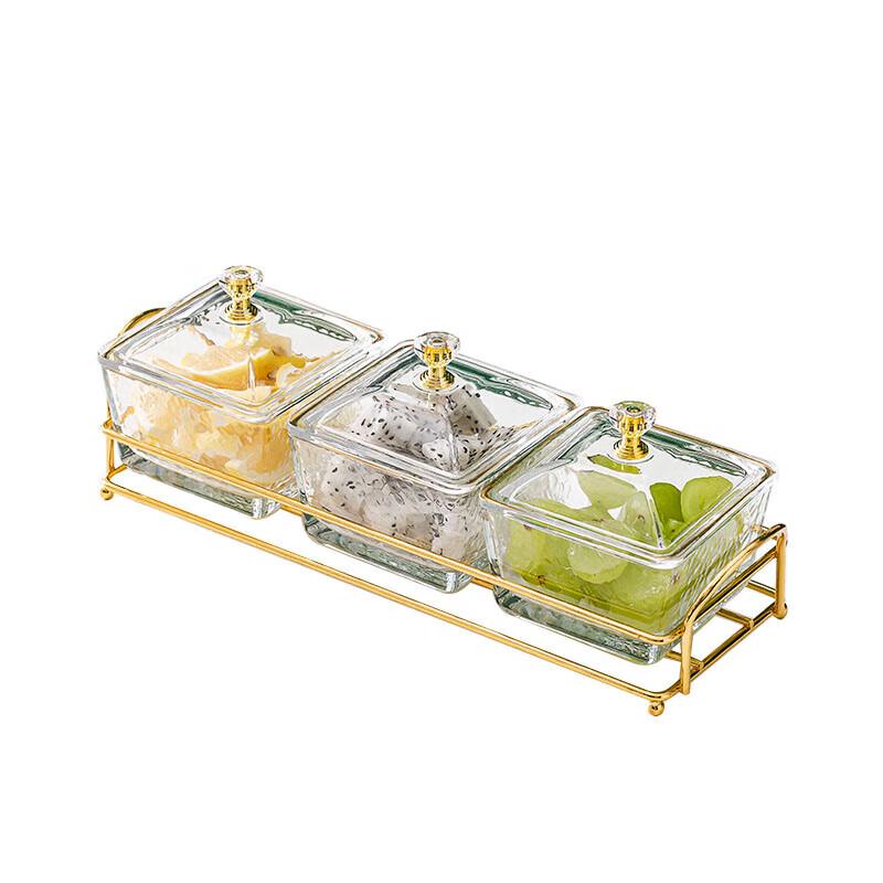 Huaihuang Nordic Glass Divided Serving Dish with Lid & Gold Stand