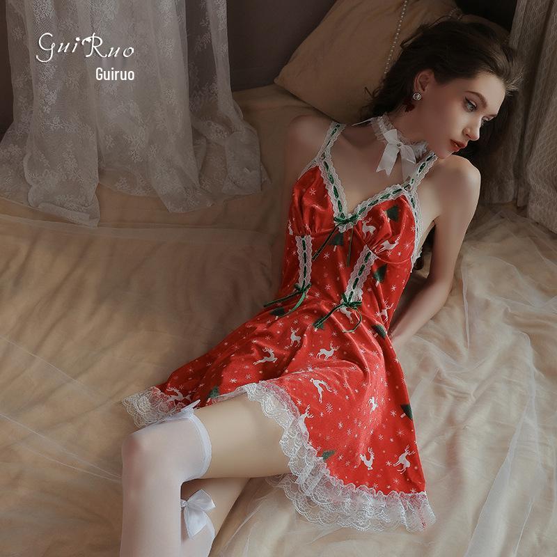 Guiruo Damen Sexy Samt Weihnachts-Nachthemd Set - Leidenschaftliche Tiefer Ausschnitt Dessous Übergröße