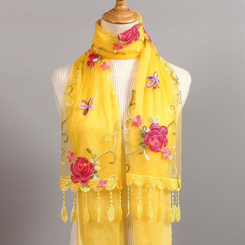 

Шелковый шарф для женщин зимой, удлиненный вышитый цветочный шарф, накинутый на шаль, кружевной шарф в стиле пэчворк, модный шарф для защиты шеи