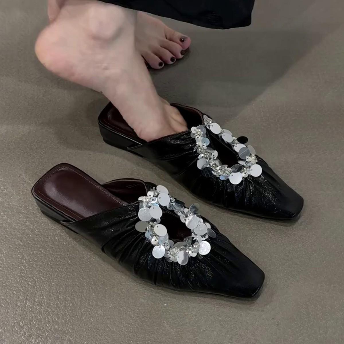 

French square head sequined hollowed-out cool slippers, one pedal heel temperament silver bag head half slippers women 40