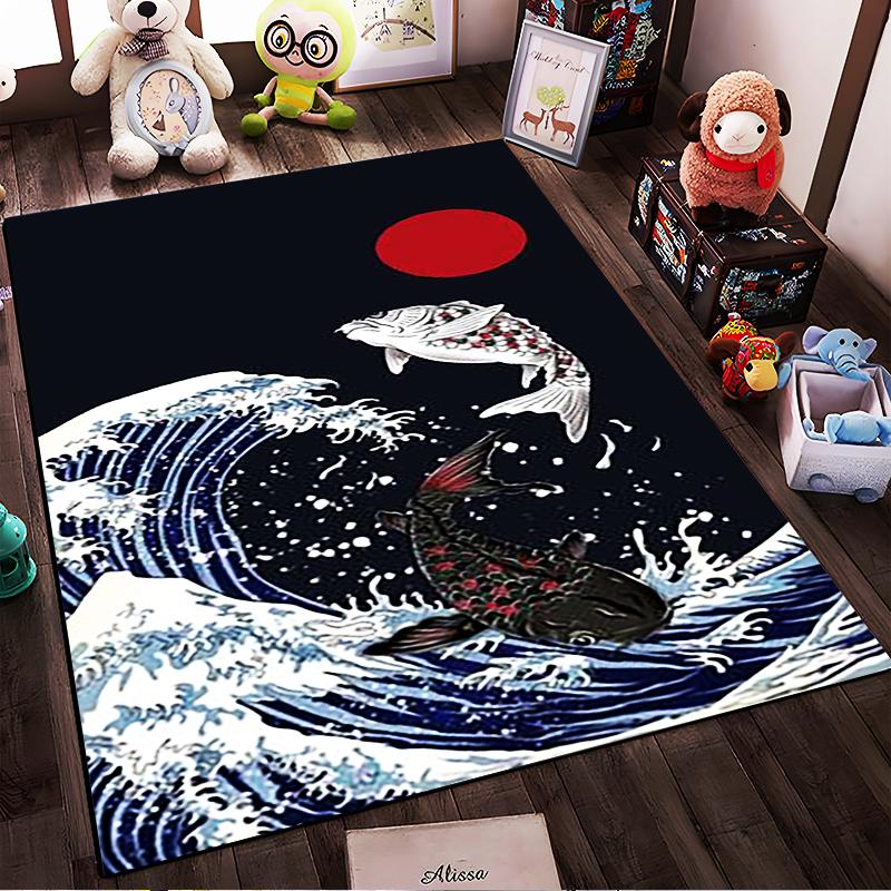 Japanese Style Carp and Wave Pattern Rug with Red Sun Decor, Dark Blue Suitable for Use As an Anti-slip for Living Room Bedroom Sofas