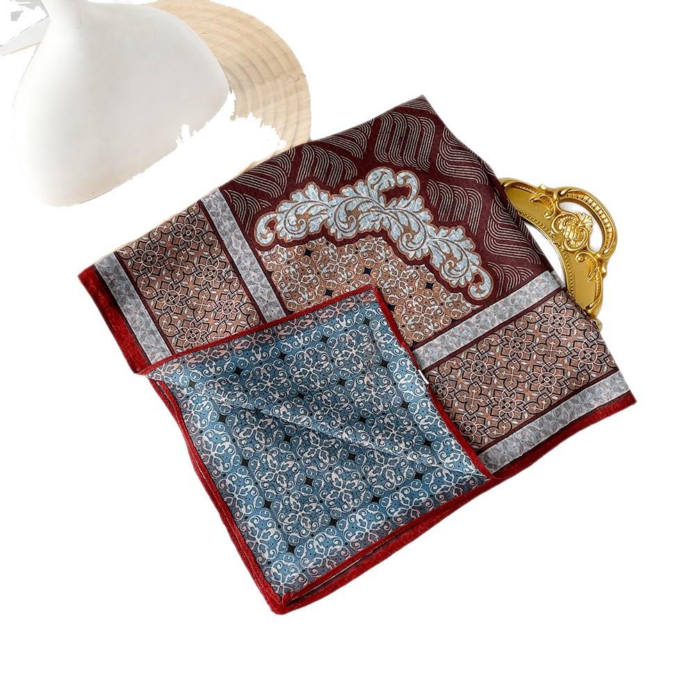 Retro Flower Silk Scarf Autumn and Winter Temperament Elegant Scarf Herringbone Silk Scarf Double-sided Literary Square Scarf Cotton and Linen Square