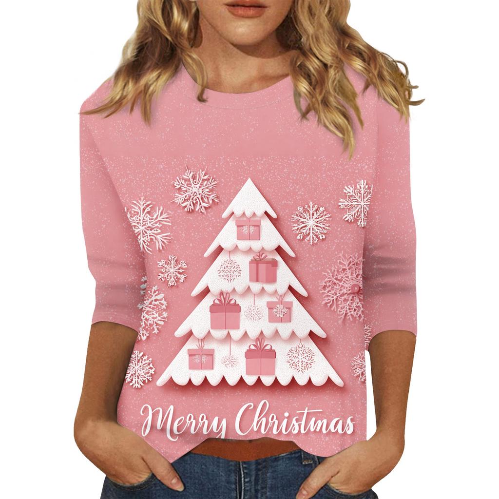 Women's O-Neck 3/4 Sleeve Christmas Print Top