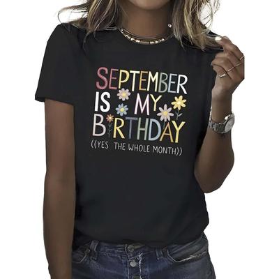 Women September Birthday Floral T-Shirt Crew Neck Short Sleeve Breathable Casual Birthday Gift Top for September Babes