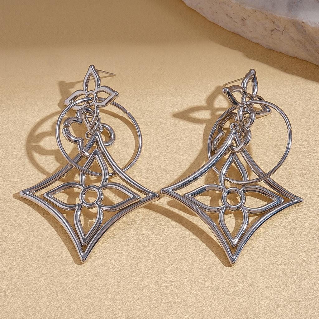 18K Real Gold Electroplated Hollow Flower Rhombus Silver Needle Earrings Cold Wind Niche Earrings