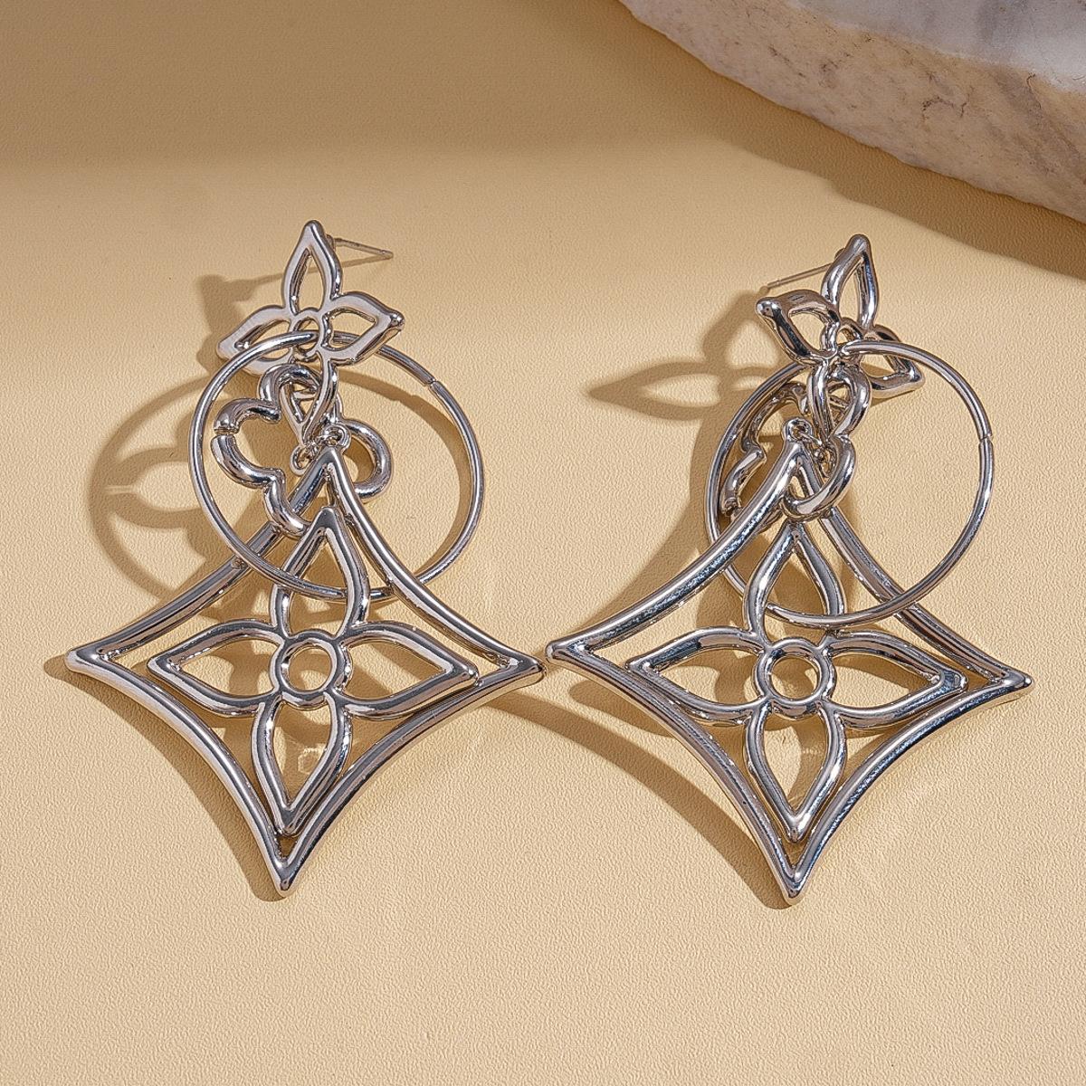 

18K real gold electroplated hollow flower rhombus silver needle earrings cold wind niche earrings