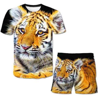 Ensemble de vêtements tigre pour garçons et filles, t-shirt d'été mignon, pantalon court, 2 pièces, costumes pour enfants de 1 à 14 ans, tenues décontractées à la mode