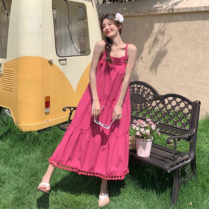 Niche Design Tassel Strappy Dress - Women's Elegant Summer Beach Vacation Style, Loose and Slimming Long Skirt