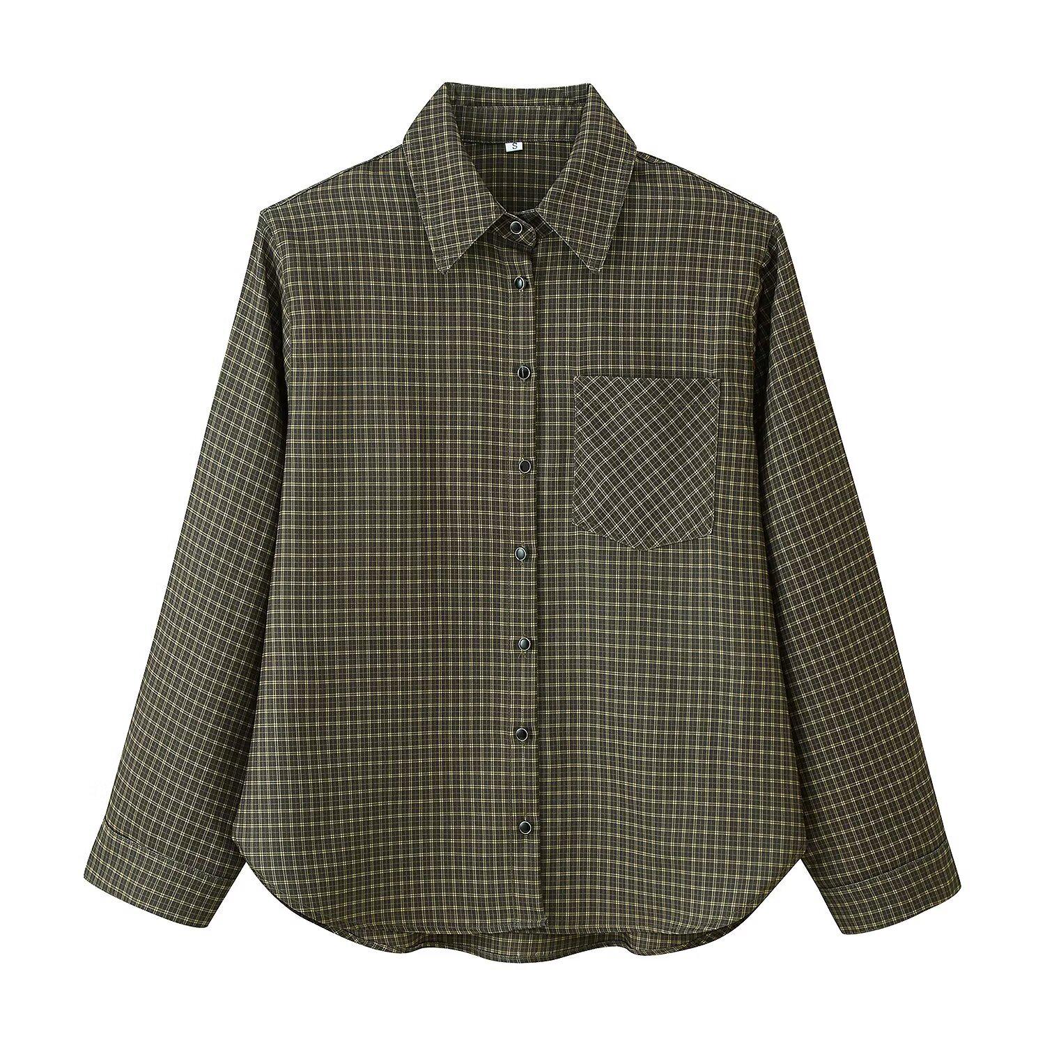 

European & American Style Women s Winter Plaid Lapel Shirt with Shoulder Pads Small оливковое зеленый