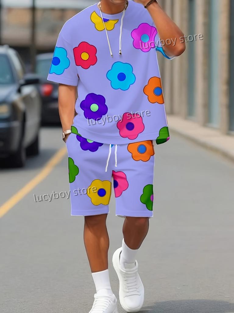 Colorful Flowers Printed Sport T-shirt+shorts Suit Set Men Male Luxury Tracksuit Outfit Summer Oversized 2 Piece Set Men Clothes