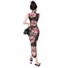 Women's Sexy Printed Mesh Stand-up Collar Retro Long Dress