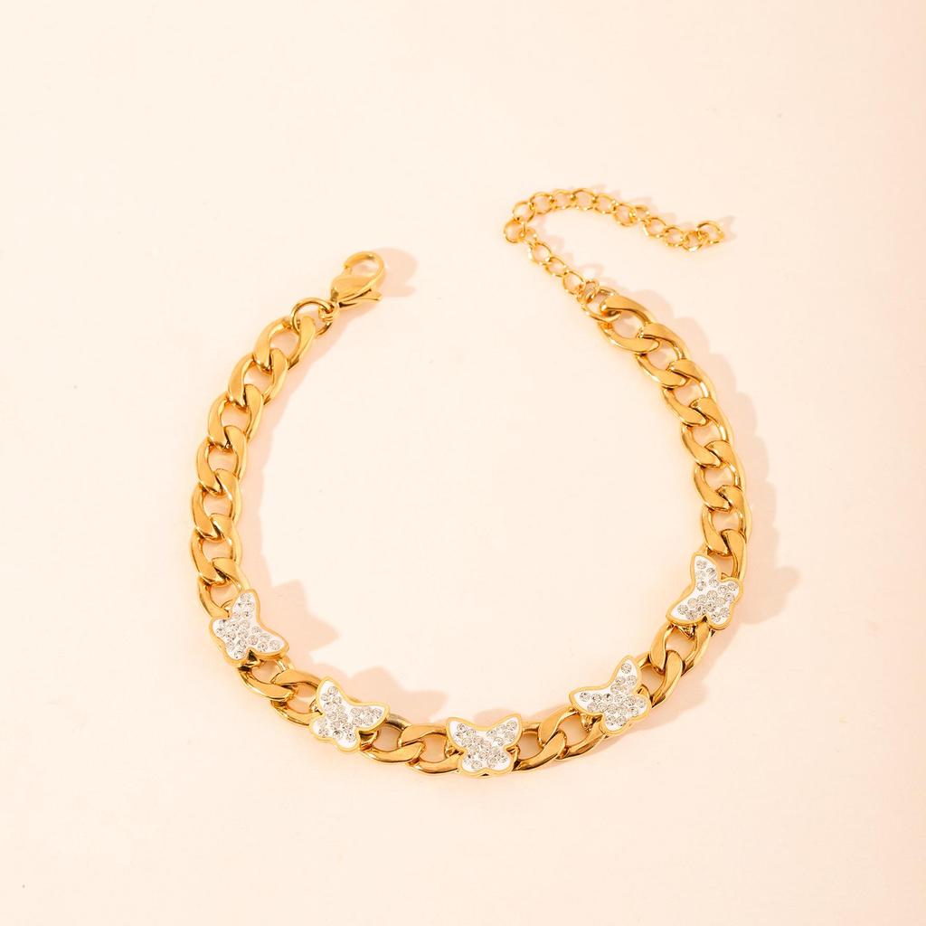 European & American Fashion Geometric Cuban Chain Bracelet: Stainless Steel, 18K Gold-Plated, Micro-set Zircon.