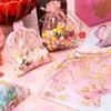 50pcs Pink Heart-Shaped Printed Organza Drawstring Bags with Golden Heart 4.72x3.54 Inches Durable Reusable Gift Bags Suitable