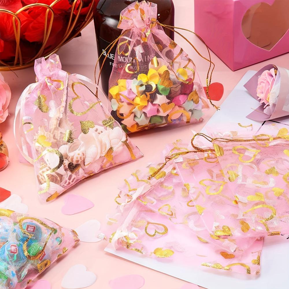 50pcs Pink Heart-Shaped Printed Organza Drawstring Bags with Golden Heart 4.72x3.54 Inches Durable Reusable Gift Bags Suitable