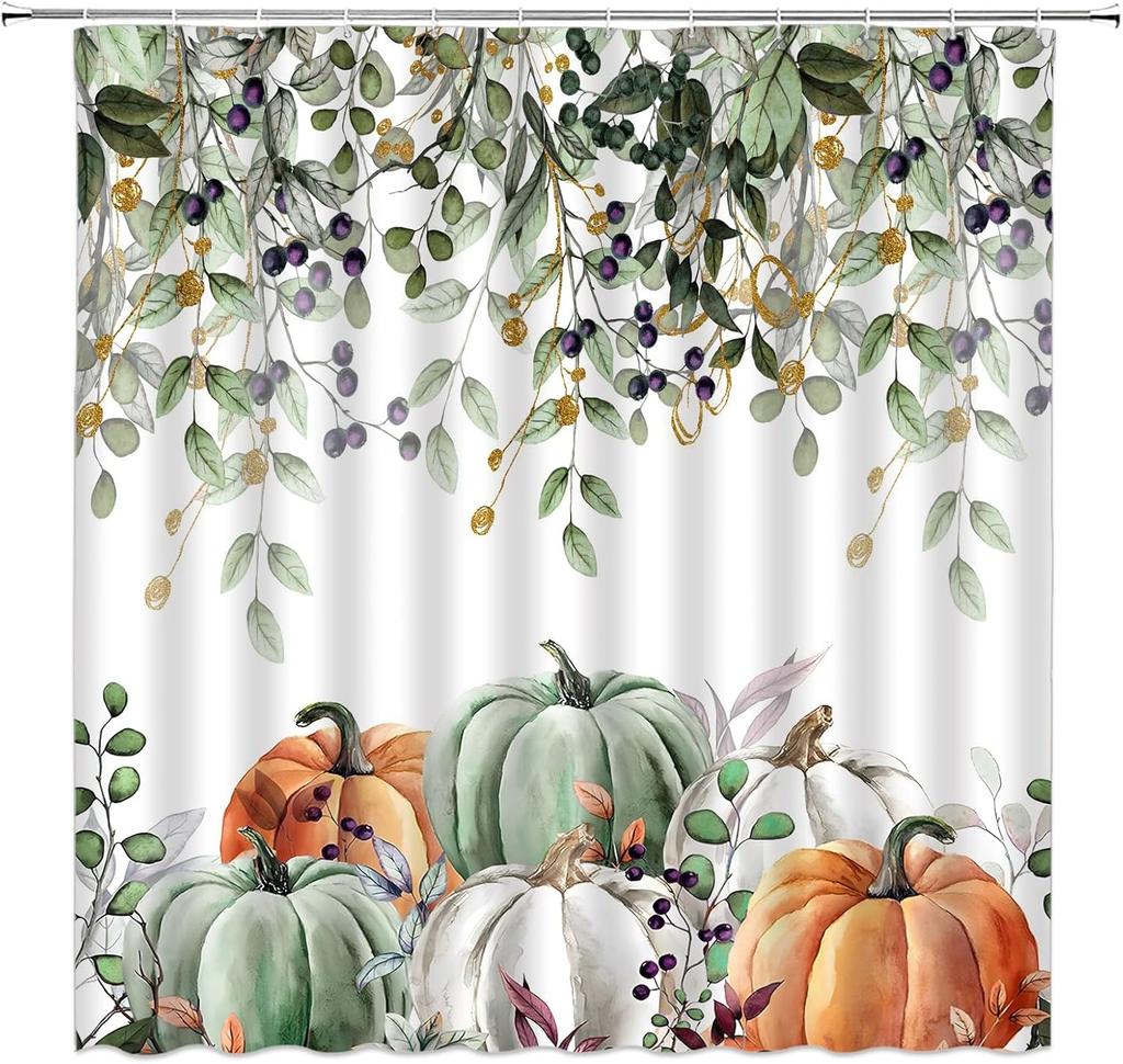 Dzięki dyniom na Święto Dziękczynienia Zasłona prysznicowa Akwarelowe liście Kolorowa dynia Żniwa Jesień Jesień Tkanina Dekoracyjne zasłony łazienkowe