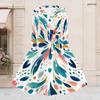 Women Plus Size V Neck Long Sleeve Printed Tie Waist A Line Flared Midi Dress