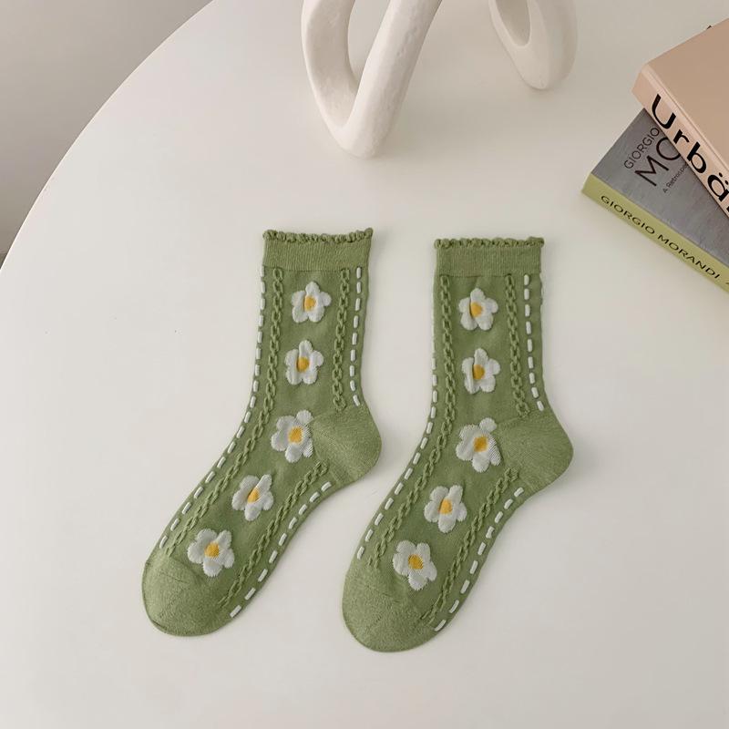 5 Pairs  Socks Women's New Spring and Summer Tube Socks Fashionable Retro Three-dimensional Flower Casual Breathable Women's Socks