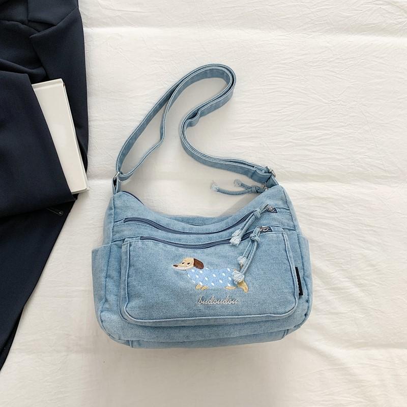 Denim Vintage Shoulder Bag Women Embroidered Cat Crossbody Bag