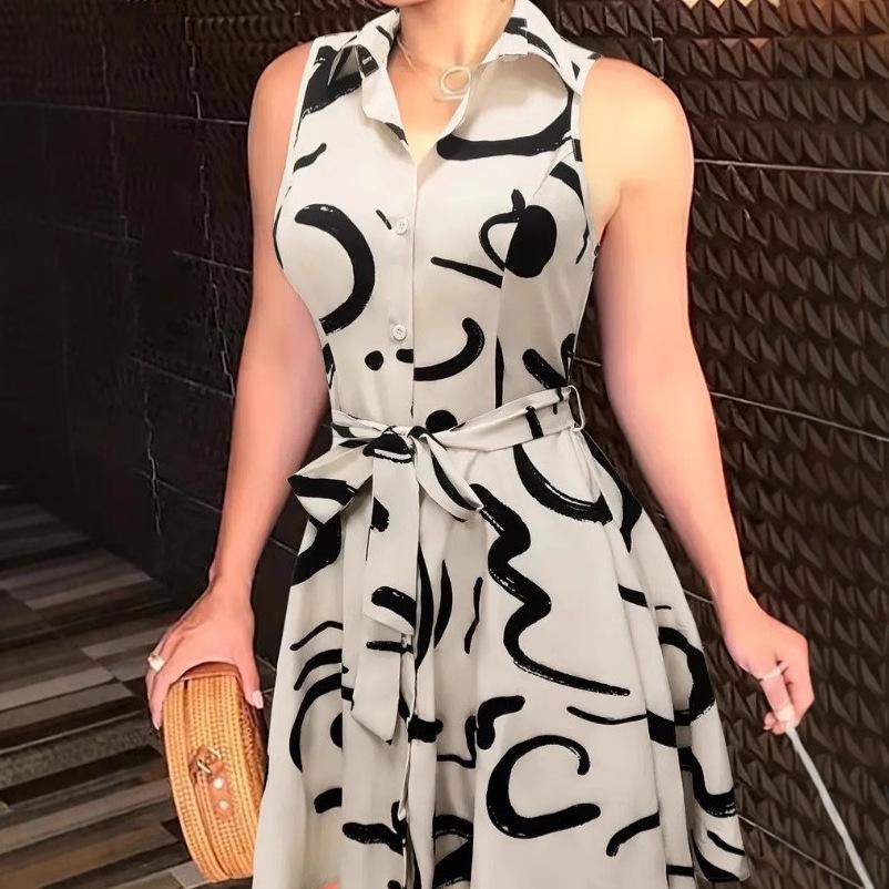 

Cross-Border Sleeveless Tie-Up Print Shirt Dress for Women S