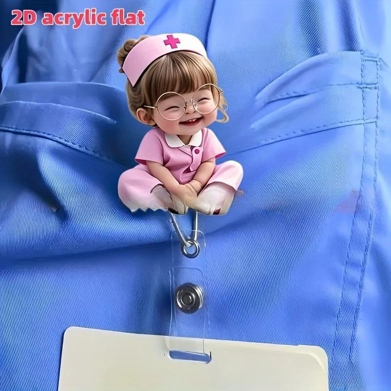 1pc Nurse Themed Retractable Badge Reel Acrylic ID Holder Clip for Hospital Office School Workers