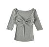 Deep V-Neck Kink Medium Sleeve T-Shirt Women's Summer New American Spice Girl Style Solid Color Slim Skinny Bottom Top