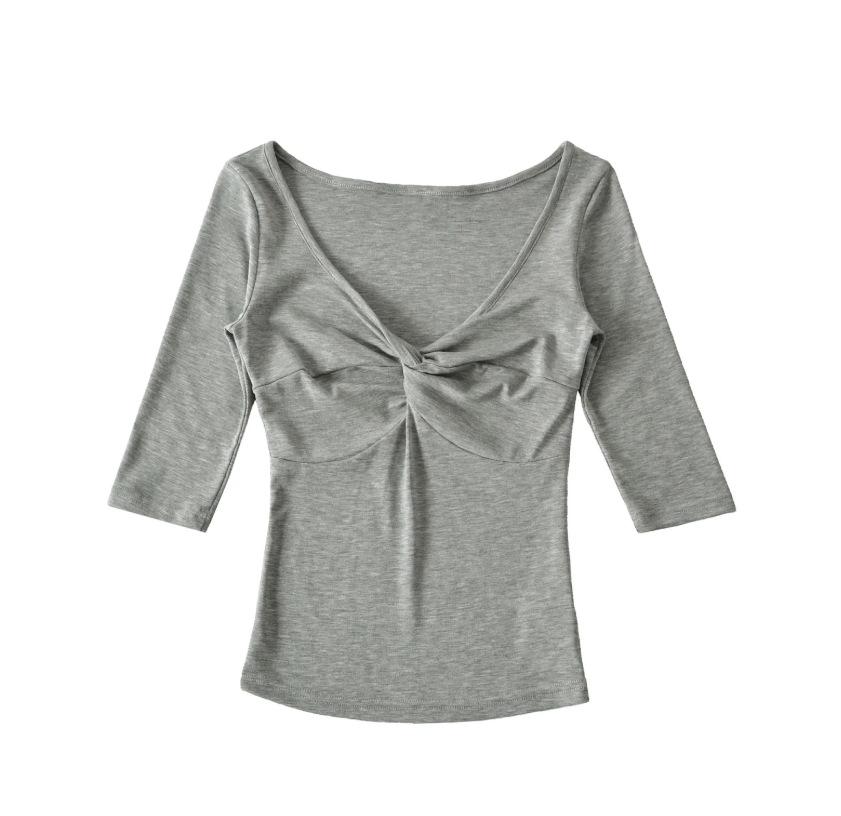 Deep V-Neck Kink Medium Sleeve T-Shirt Women's Summer New American Spice Girl Style Solid Color Slim Skinny Bottom Top