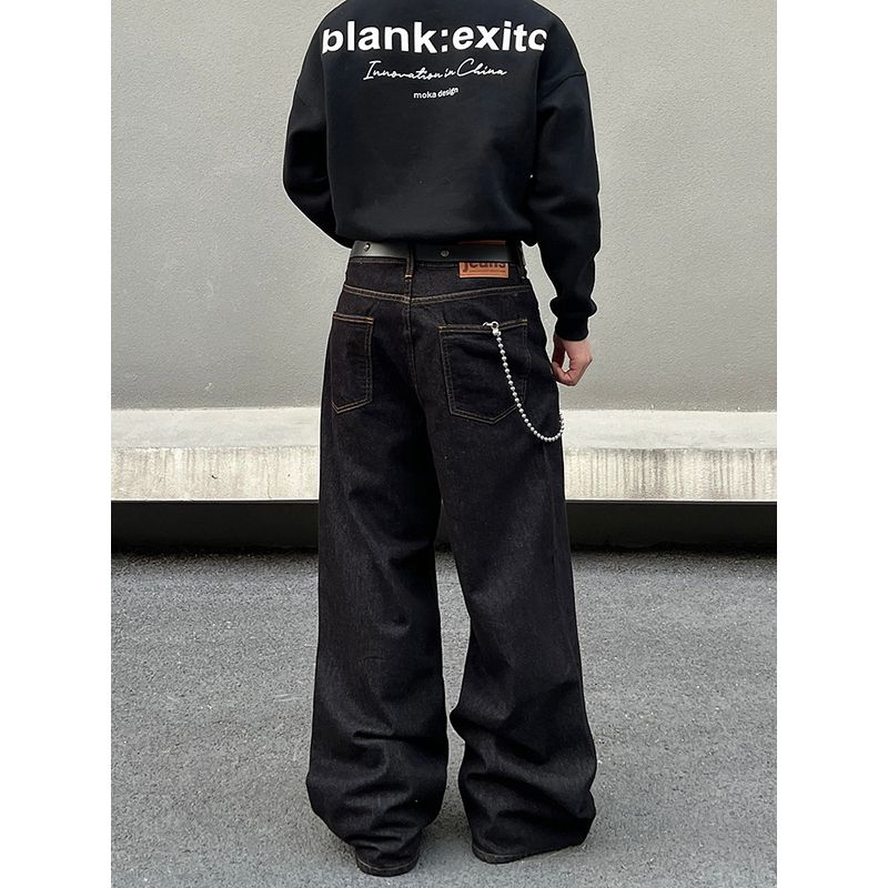 Blaexit American-Style Denim Black Jeans for Men, Vintage Baggy Straight-Leg Loose Casual Raw Color Wide-Leg Pants