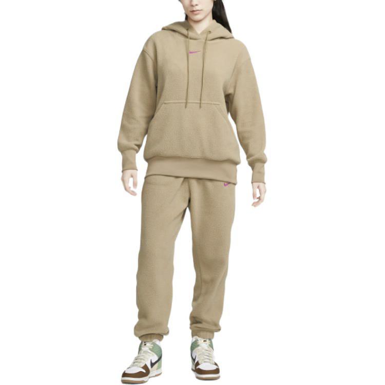 Nike Solid Logo Embroidered Elastic Waist Drawstring Cuffed Sports Pants Women Pants Brown DQ6813-258