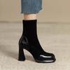 Chunky Heel Short Boots for Women Autumn Winter Splicing Waterproof Platform Skinny Boots Suede Temperament High-heeled