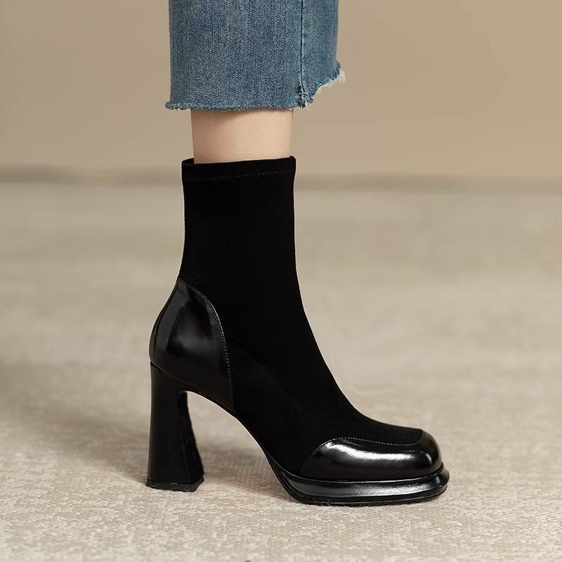 Chunky Heel Short Boots for Women Autumn Winter Splicing Waterproof Platform Skinny Boots Suede Temperament High-heeled