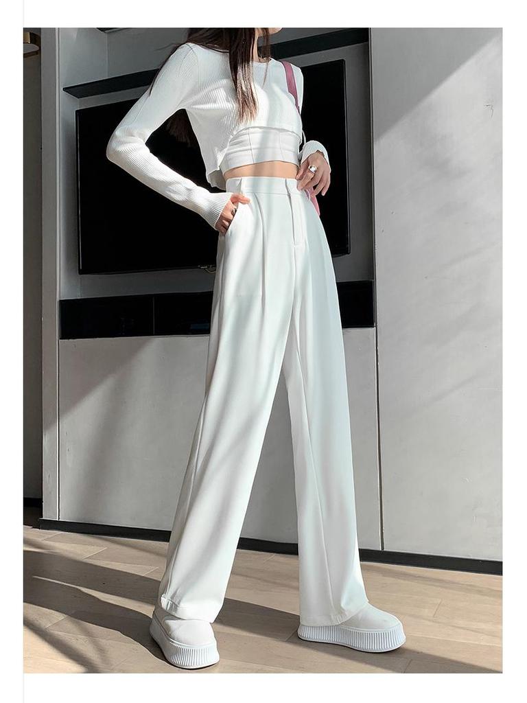 Women's High Waist Wide Leg White Suit Pants - Spring/Autumn Thin Style, Straight Loose Fit with Elegant Drape, Trendy and Versatile.