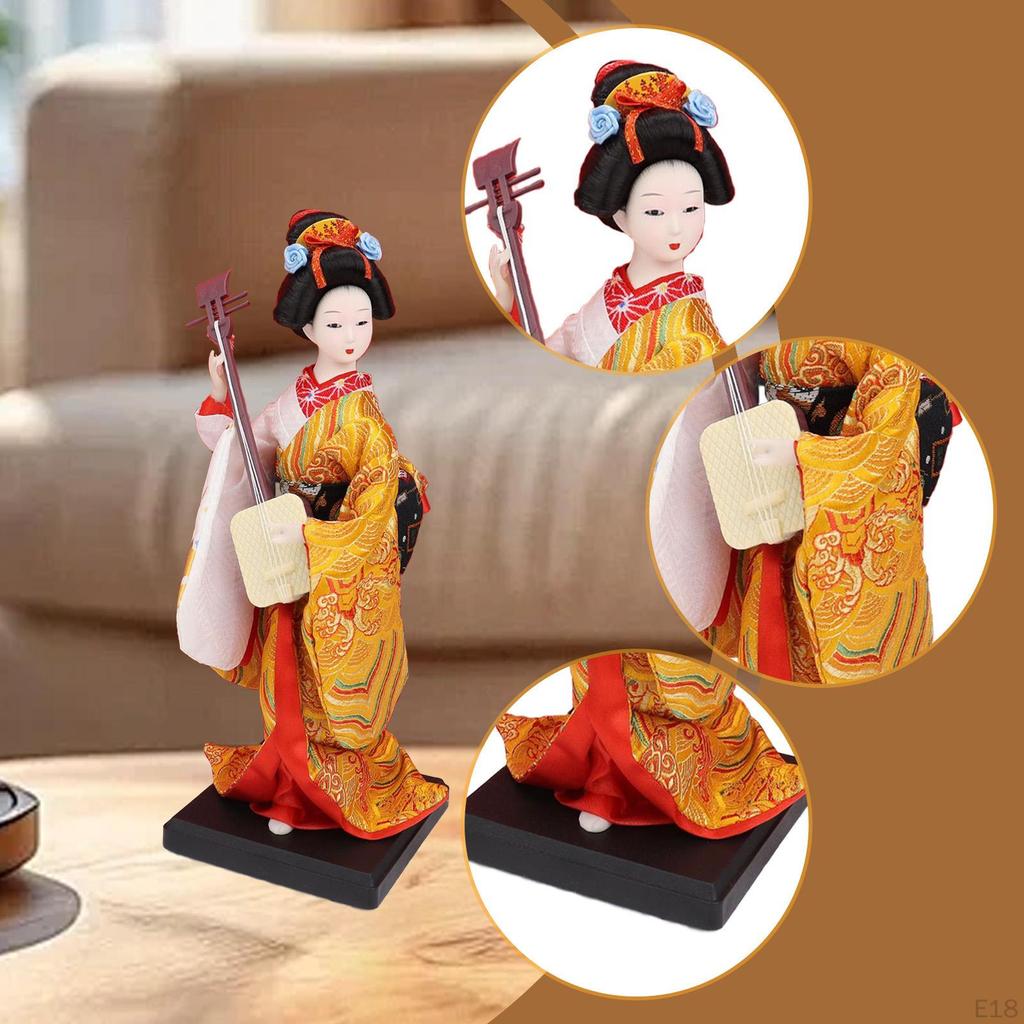 23cm Ethnic Japanese Geisha Doll Collectible Figurine, Vintage Kimono Girl Statue for Table