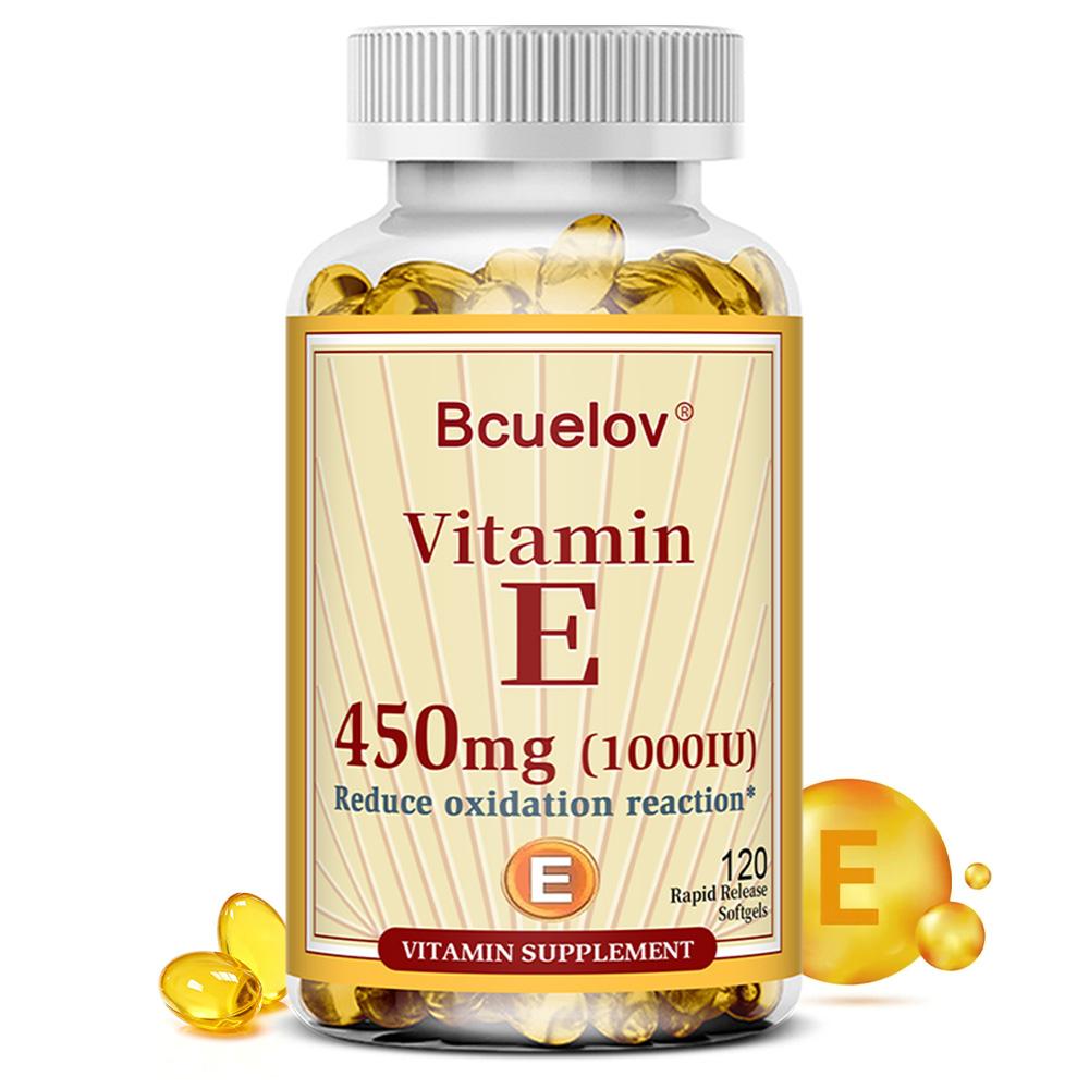 Vitamin E 450 mg (1000 IU) supports antioxidant activity and is beneficial for hair, skin, nails, and eye health. 120 capsules